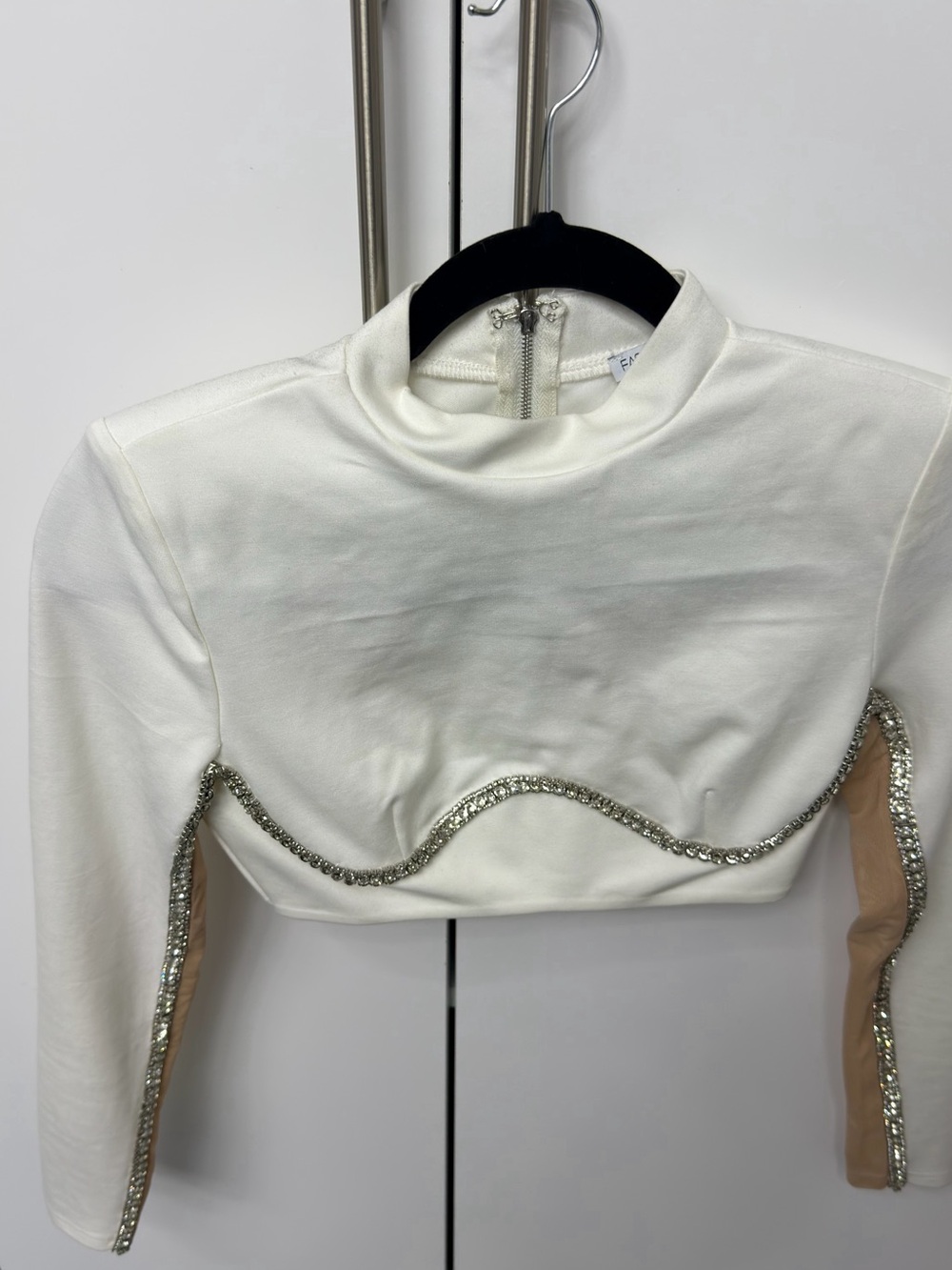 White Embellished Crop Top - Elegant Rhinestone Trim